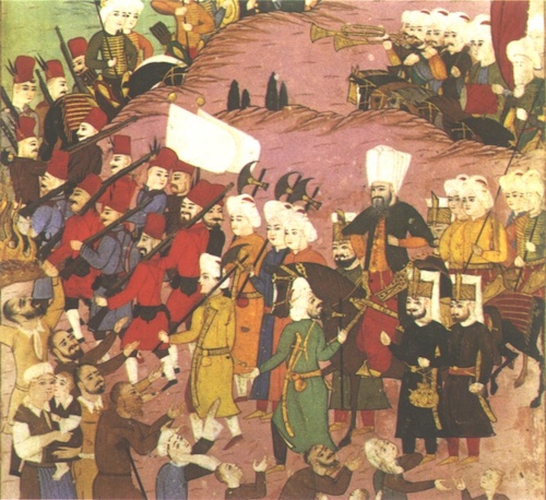 A colorful crowd scene from a Turkish miniature painting. It shows a couple of dozen Ottoman soldiers in a two-row formation, carrying rifles or halberds on their shoulders. Some wear fezzes or turbans. At the rear, a few soldiers are playing brass musical instruments or drums. They are almost within arm’s distance of a smaller crowd of men, women, and children in civilian clothes.
Ottoman Soldiers in a Pāshānameh, c. 1630. Source: http://warfare.6te.net/Ottoman/Pashanameh-BL_Sloane_3584-f20a-lg.htm. British Library. Plate 174 in 